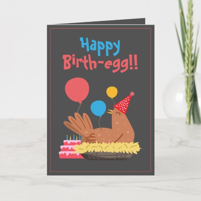 Cute Grey Funny Chicken and Cake Humour Birthday Card (Front)