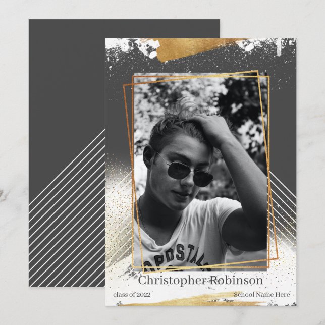 Cute Grey & Gold Framed Graduation Announcement (Front/Back)