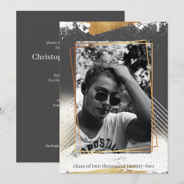 Cute Grey & Gold Framed Graduation Invitation (Front/Back)