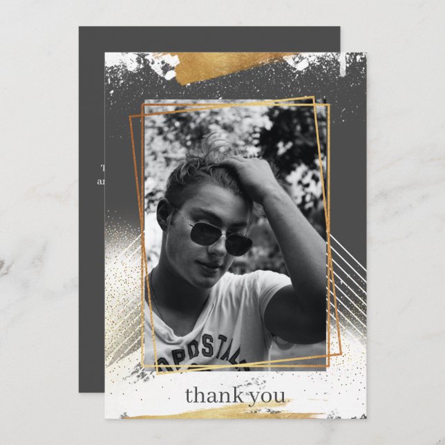 Cute Grey & Gold Framed Graduation Thank You Card (Front/Back)