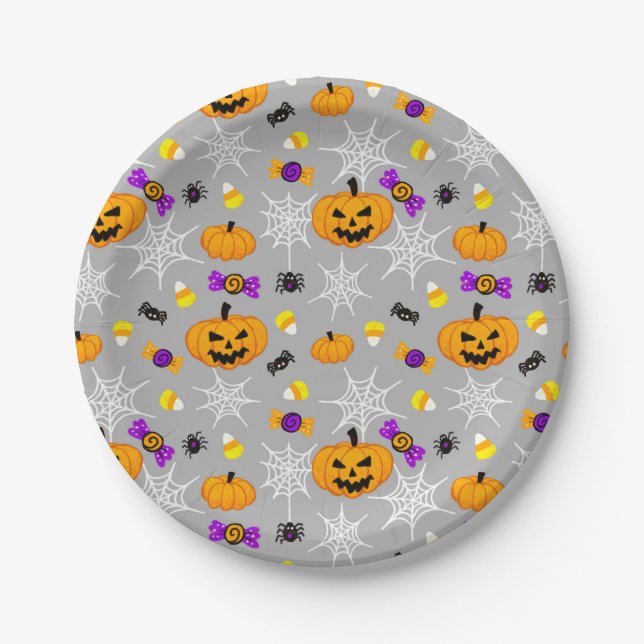Cute Grey Halloween Pattern Paper Plate (Front)
