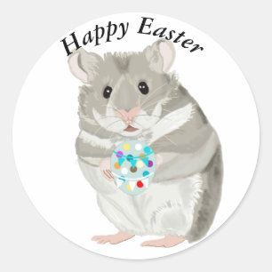 Cute Grey Hamster Holding an Easter Egg Editable Classic Round Sticker