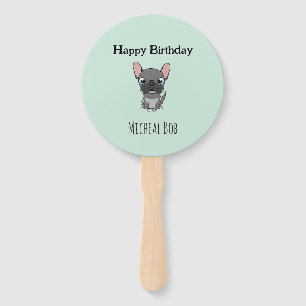 Cute grey happy birthday custom name pug dog blue hand fan