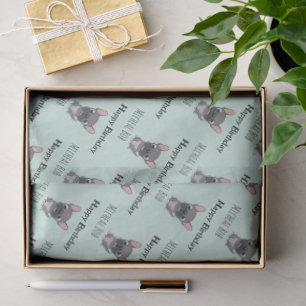 Cute grey happy birthday custom name pug dog blue tissue paper