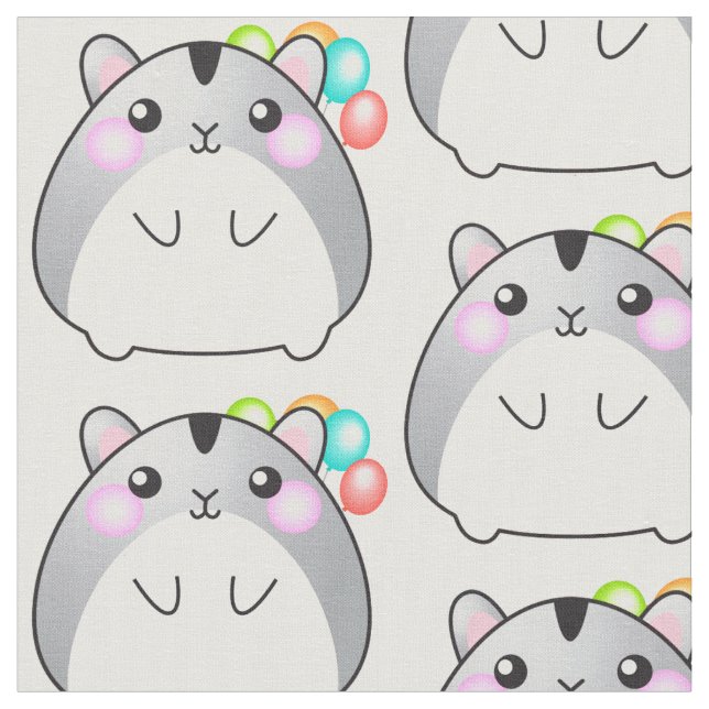 Cute Grey Kawaii Hamster Fabric (Close Up)