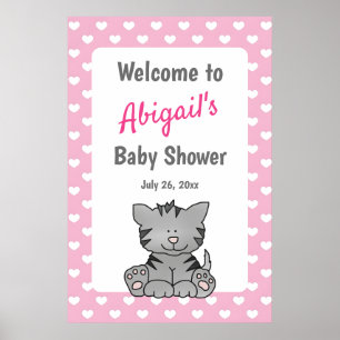Cute Grey Kitten and Hearts Girl Baby Shower Poster