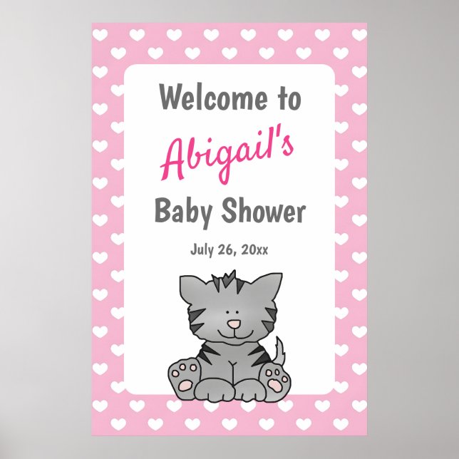 Cute Grey Kitten and Hearts Girl Baby Shower Poster (Front)