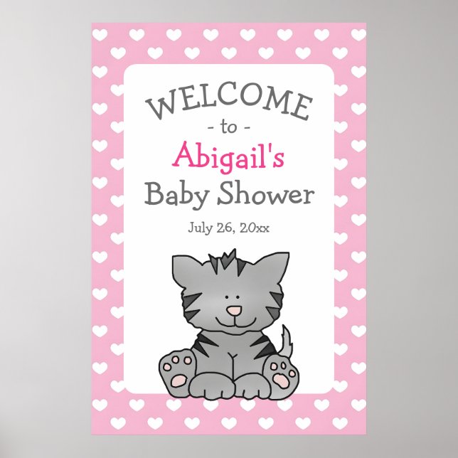 Cute Grey Kitten and Hearts Girl Baby Shower Poster (Front)