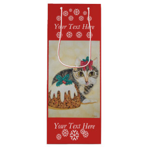 cute grey kitten cat eating pudding for christmas wine gift bag