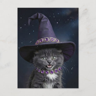 Cute Grey Kitten Cat with Witch Hat Halloween Holiday Postcard