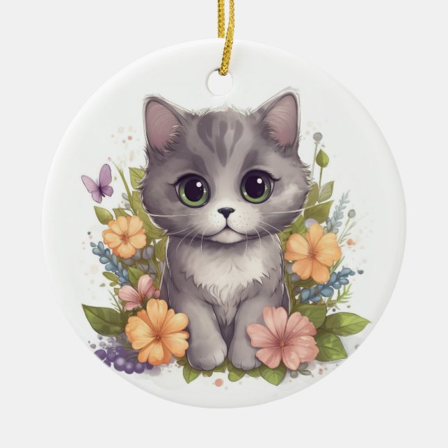 Cute Grey Kitten  Ceramic Tree Decoration (Front)