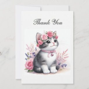 Cute Grey Kitten Girls Birthday Thank You Card