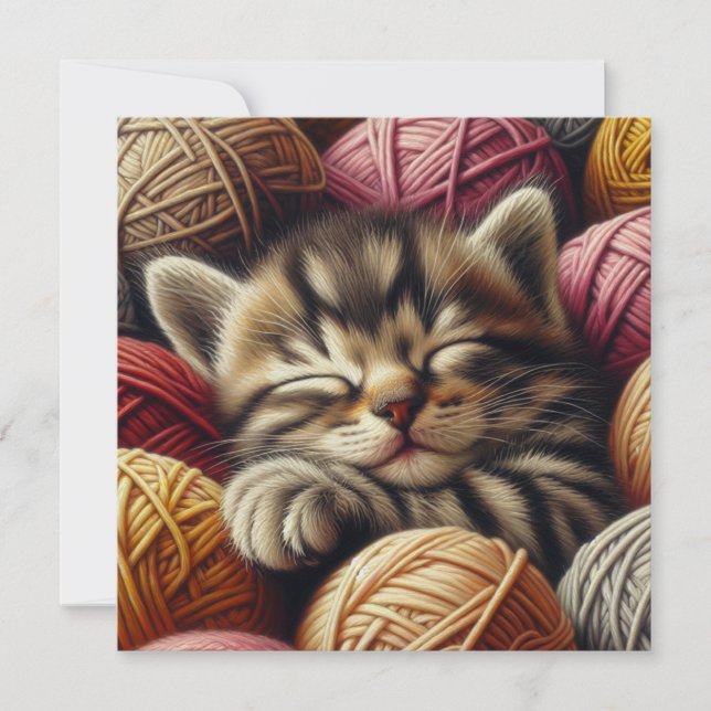 Cute Grey Kitten Napping in Balls of Yarn (Front)