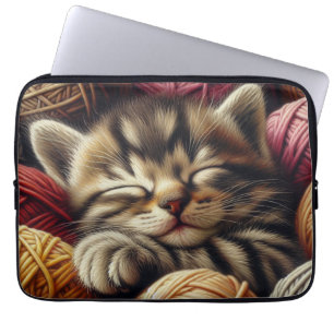 Cute Grey Kitten Napping in Balls of Yarn Laptop Sleeve