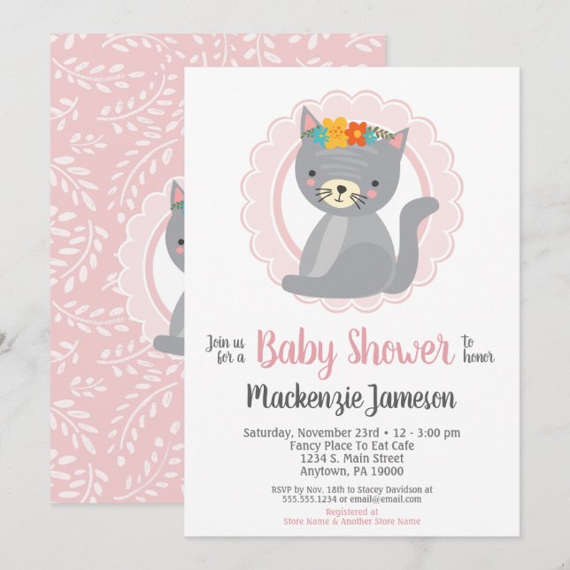 Cute Grey Kitten Pink Girls Baby Shower Invitation (Front/Back)