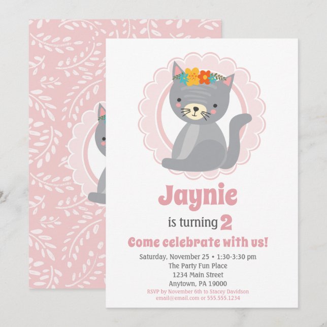 Cute Grey Kitten Pink Girls Birthday Invitation (Front/Back)