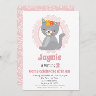 Cute Grey Kitten Pink Girls Birthday Invitation