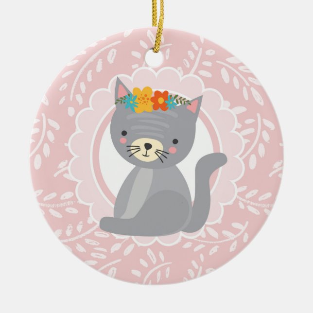 Cute Grey Kitten Pink White Cat Ceramic Tree Decoration (Front)