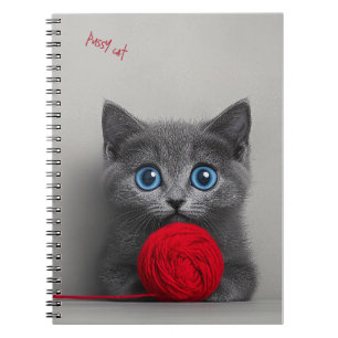 Cute Grey Kitten Playing with Red Wool Ball Notebook