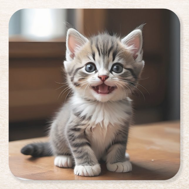 Cute Grey Kitten Smiling Coaster Set (Front)
