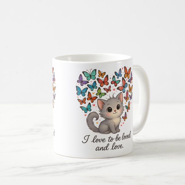 Cute Grey Kitten with Colourful Butterflies  Coffee Mug (Front Right)