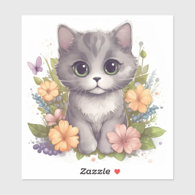 Cute Grey Kitten with Spring Flowers (Sheet)