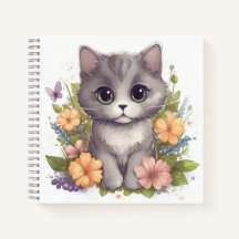 Cute Grey Kitten with Spring Flowers