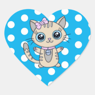 Cute Grey Kitty Cat Blue Polka Dot personalised Heart Sticker