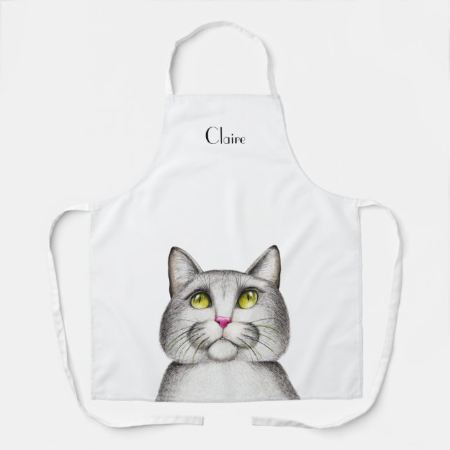 Cute Grey Kitty Cat Personalised Apron (Front)