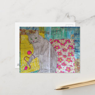 Cute Grey Kitty mixed media collage Postcard