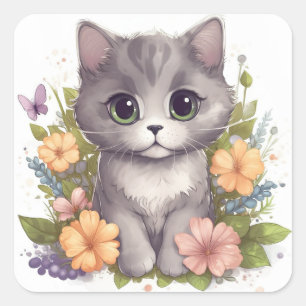 Cute Grey Kitty with Flowers Chibi Kawaii Square Sticker