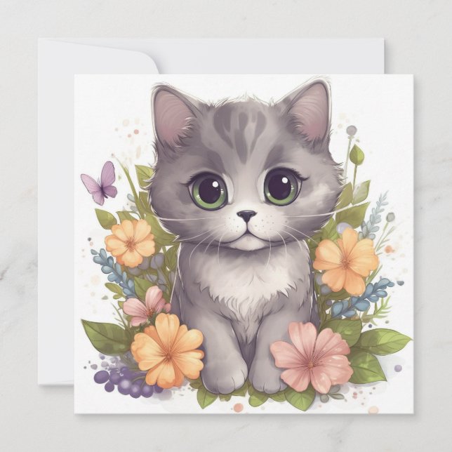 Cute Grey Kitty with Flowers Kawaii Chibi (Front)