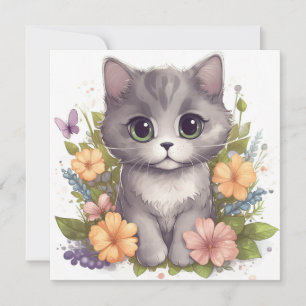 Cute Grey Kitty with Flowers Kawaii Chibi