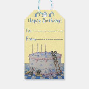 Cute grey mice decorated birthday cake candles art gift tags