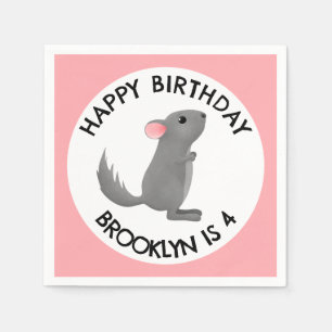Cute grey pink chinchilla personalised birthday napkin