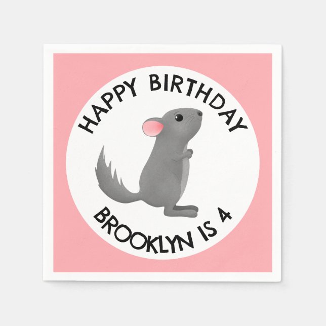 Cute grey pink chinchilla personalised birthday napkin (Front)