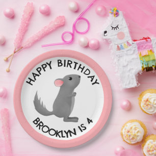 Cute grey pink chinchilla personalised birthday paper plate