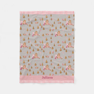 Cute Grey Pink Gingerbread Candy Cane Cottage Flee Fleece Blanket