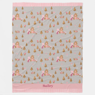 Cute Grey Pink Gingerbread Candy Cane Cottage Flee Fleece Blanket