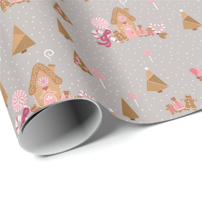 Cute Grey Pink Gingerbread Candy Cane Wrapping Pap Paper (Roll Corner)