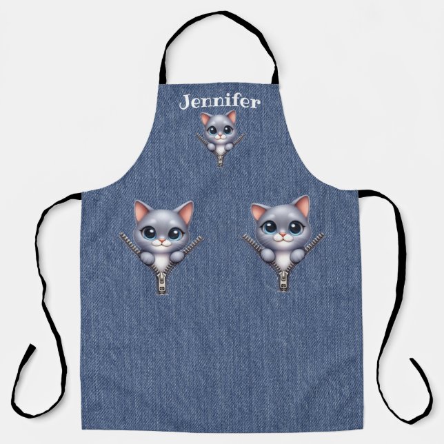 Cute Grey Pink Nosed Cat All-Over Print Apron (Front)
