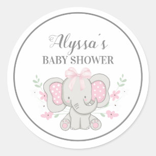 Cute Grey Pink Polka Dot Elephant Baby Girl Shower Classic Round Sticker