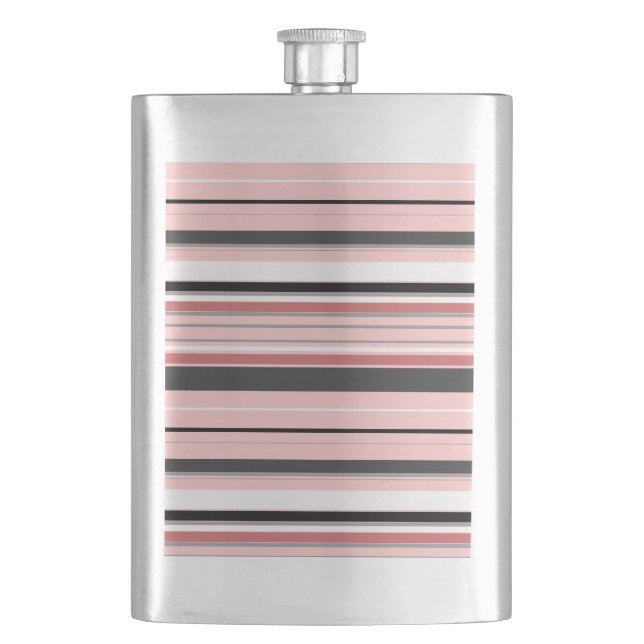 Cute grey pink stripes hip flask (Front)