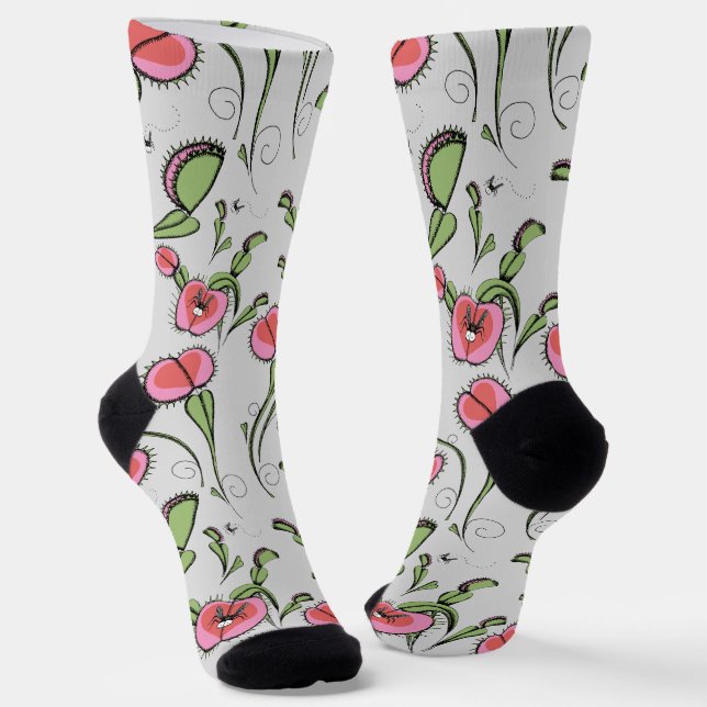 Cute Grey & Pink Venus Flytrap Stuck on Your Love Socks (Angled)