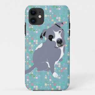 Cute Grey Pitbull Puppy on Squares Pattern iPhone 11 Case