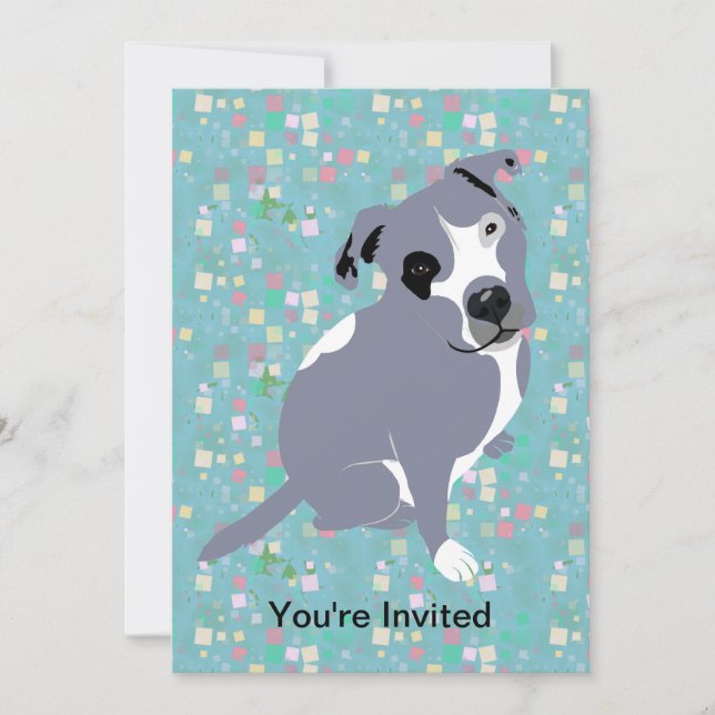 Cute Grey Pitbull Puppy on Squares Pattern Invitation (Front)