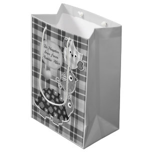 Cute Grey Plaid Turtle and Owl Personalised  Medium Gift Bag
