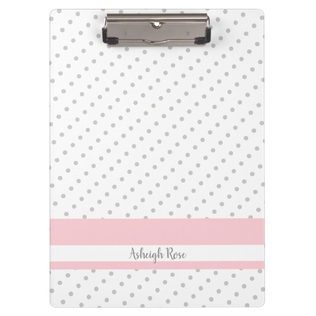 Cute grey polka dots with pink, personalised clipboard (Front)