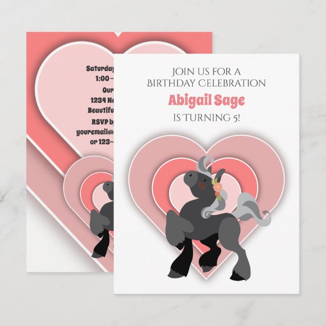 Cute Grey Pony and Pink Hearts Horse Birthday Invitation (Front/Back)