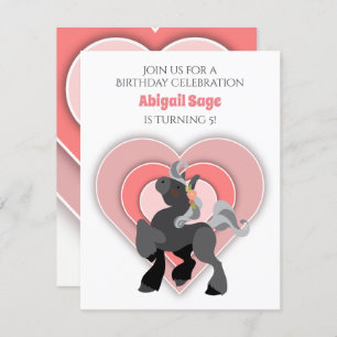 Cute Grey Pony and Pink Hearts Horse Birthday Invitation